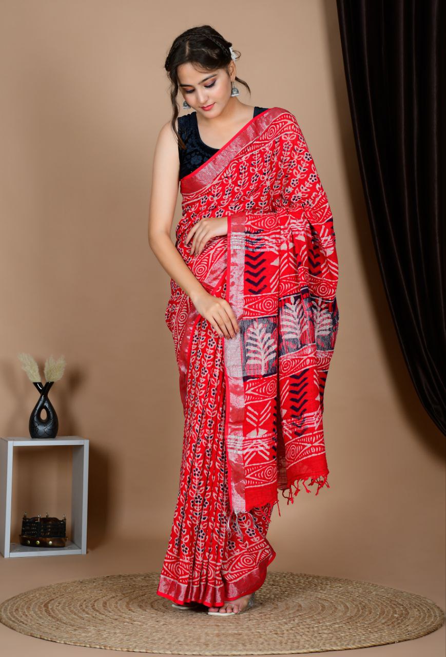Saree – Soft Cotton Premium Linen Zari Red – L1