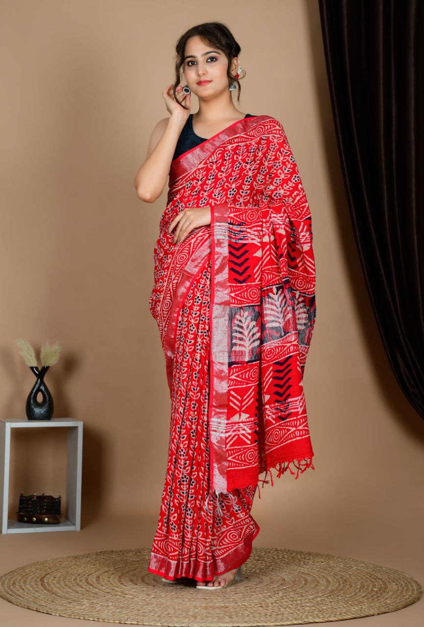 Saree – Soft Cotton Premium Linen Zari Red – L1