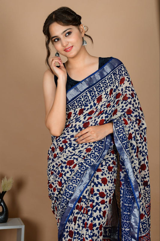 Saree – Soft Cotton Premium Linen Zari Blue – L1