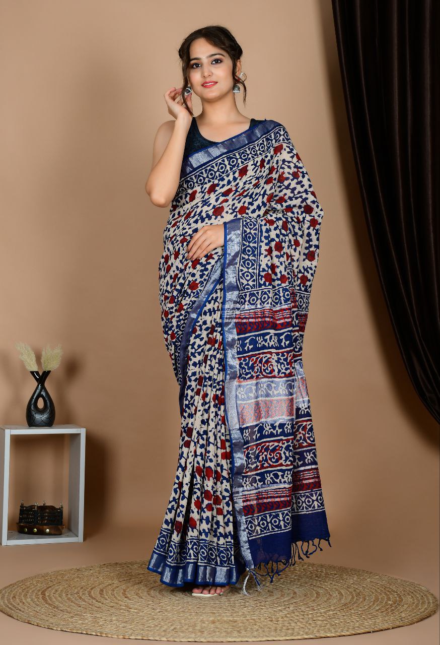 Saree – Soft Cotton Premium Linen Zari Blue – L1