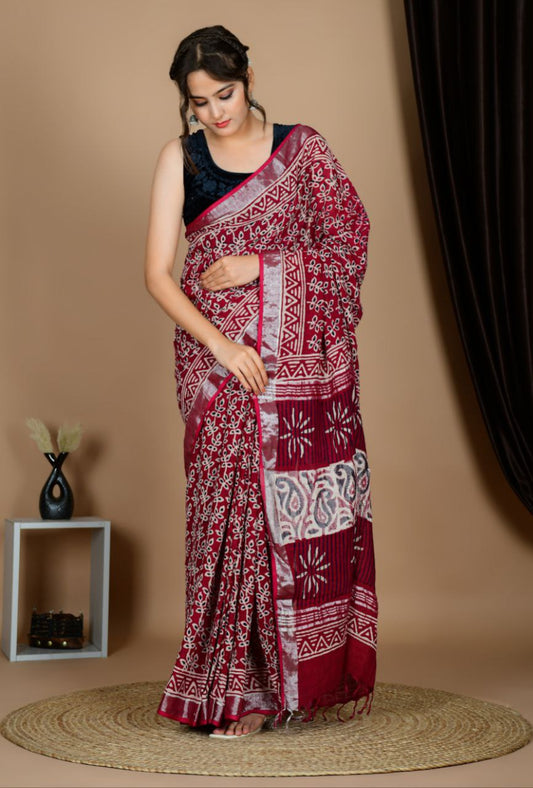 Saree – Soft Cotton Premium Linen Zari Maroon – L3