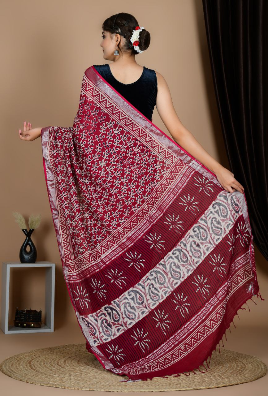 Saree – Soft Cotton Premium Linen Zari Maroon – L3