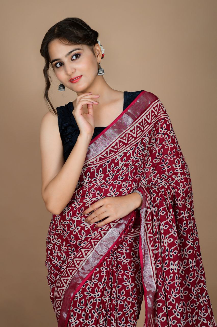 Saree – Soft Cotton Premium Linen Zari Maroon – L3