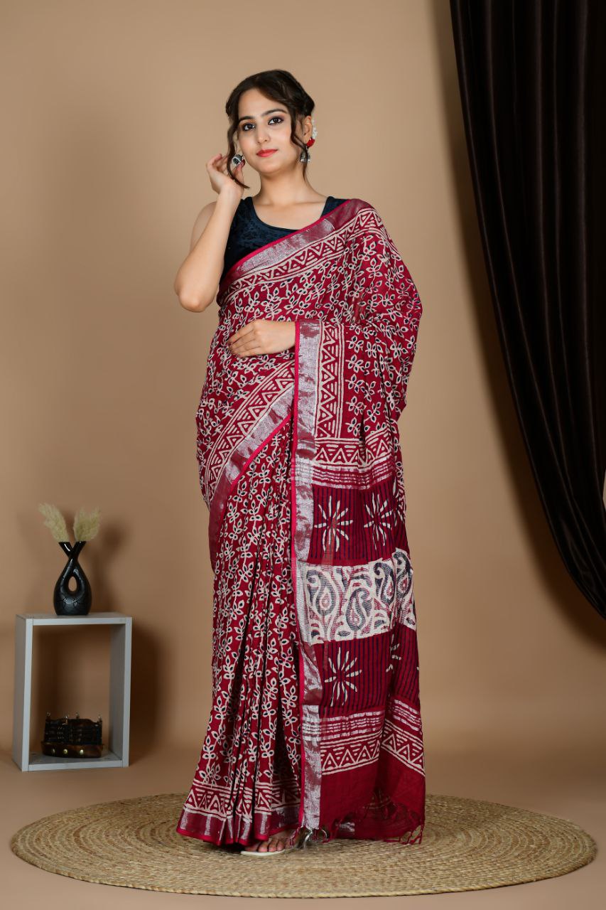 Saree – Soft Cotton Premium Linen Zari Maroon – L3