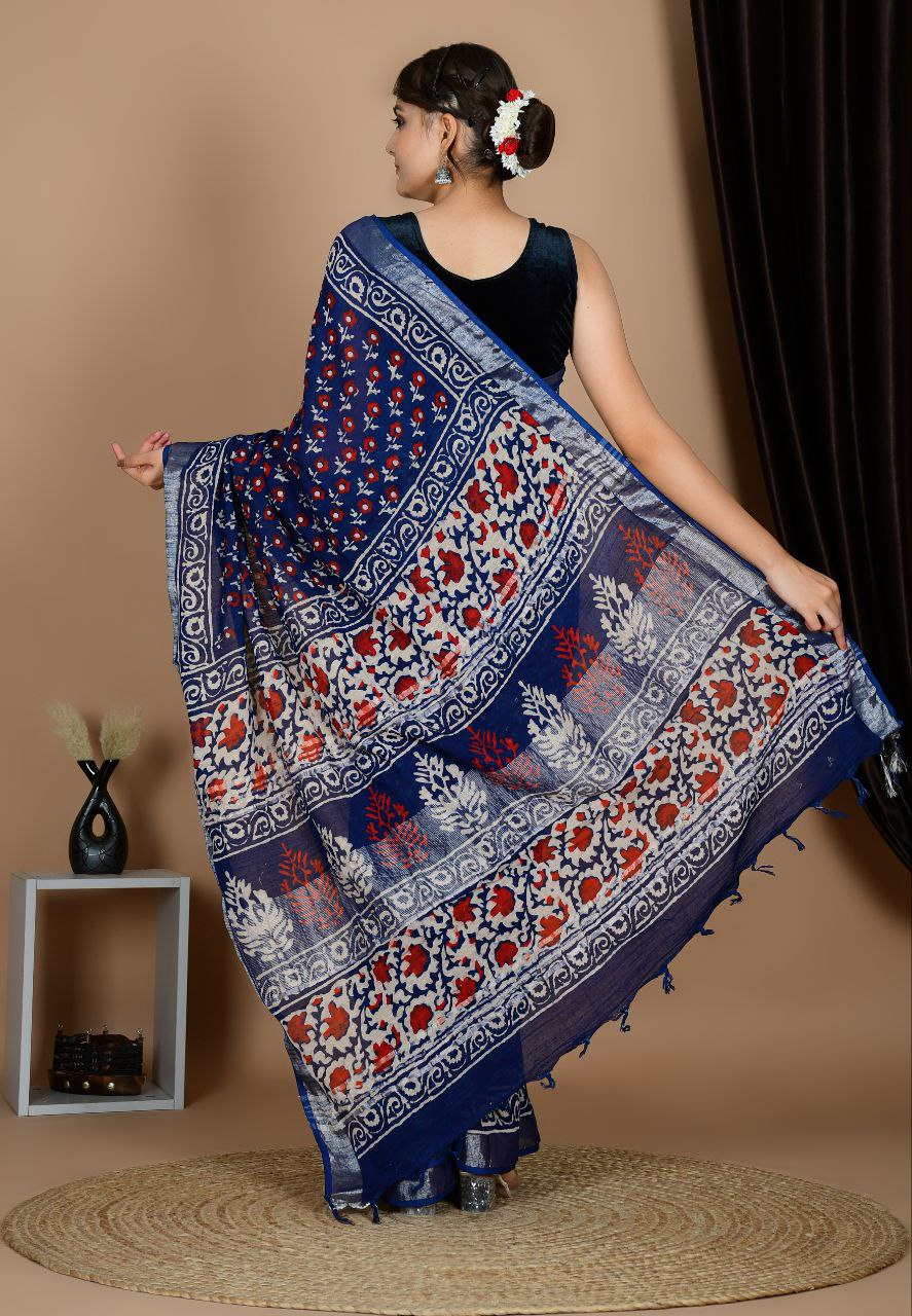 Saree – Soft Cotton Premium Linen Zari Navy Blue – L4