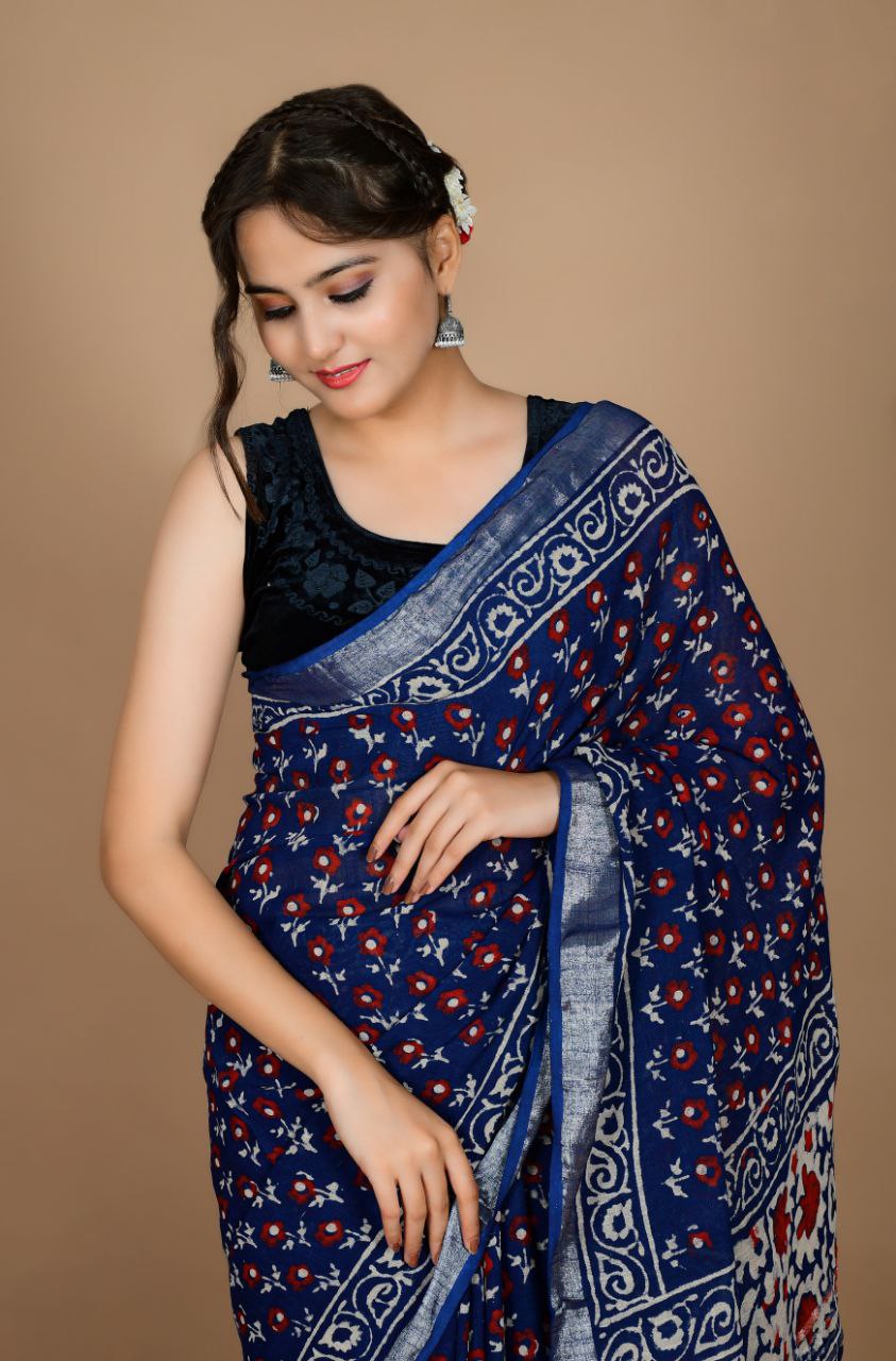 Saree – Soft Cotton Premium Linen Zari Navy Blue – L4
