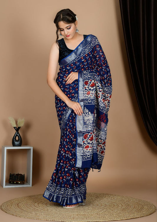 Saree – Soft Cotton Premium Linen Zari Navy Blue – L4
