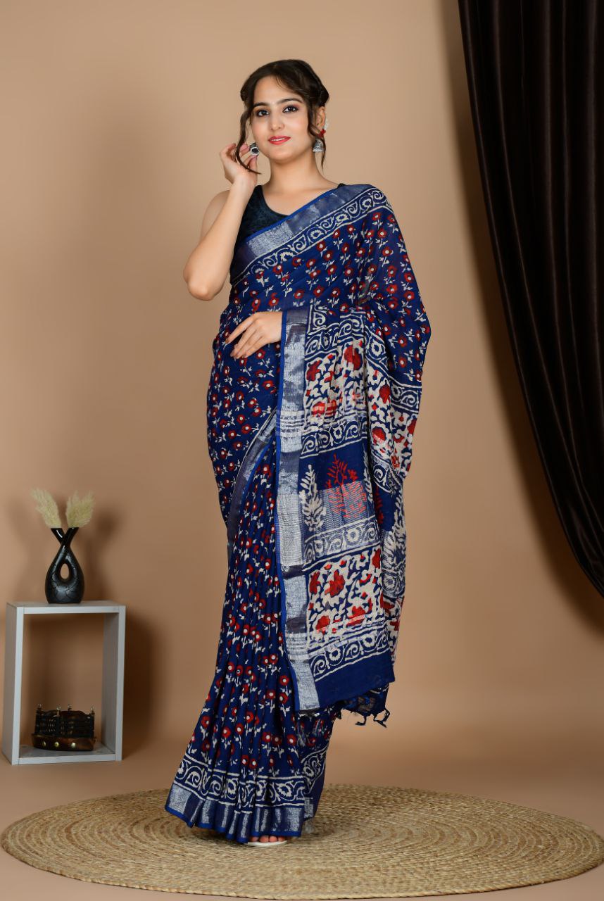 Saree – Soft Cotton Premium Linen Zari Navy Blue – L4