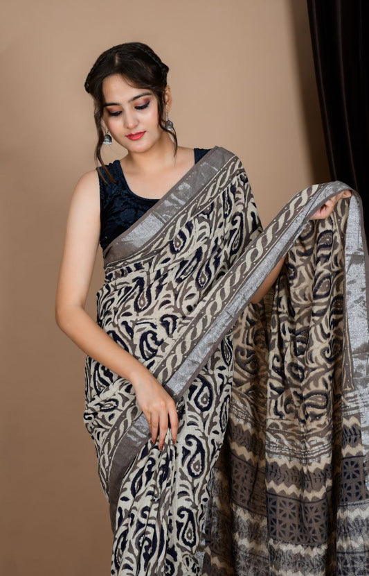 Saree – Soft Cotton Premium Linen Zari Black – L3