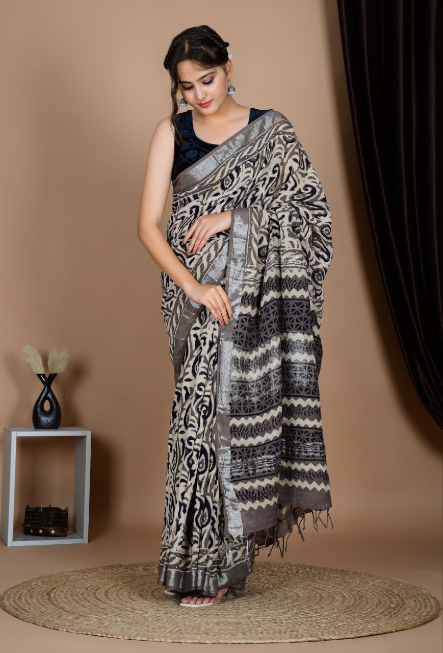 Saree – Soft Cotton Premium Linen Zari Black – L3