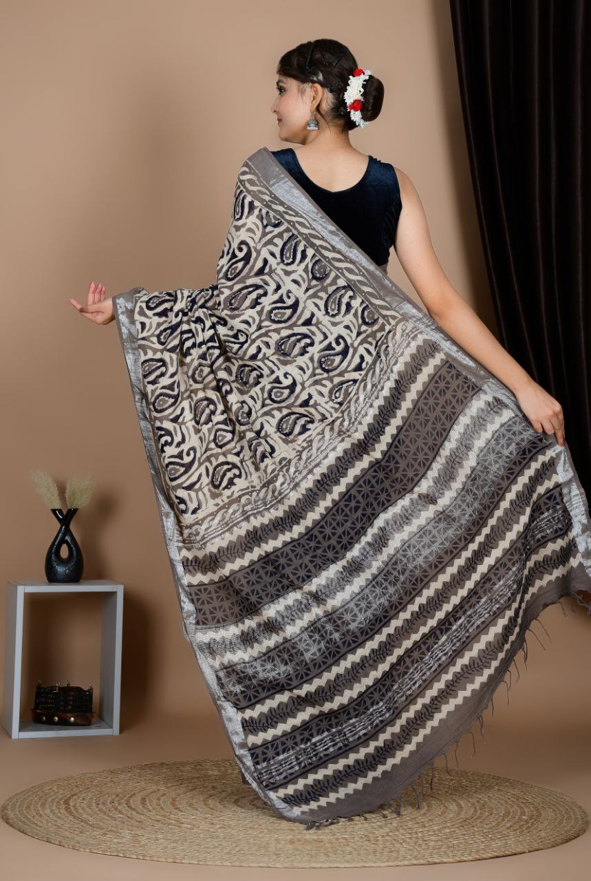 Saree – Soft Cotton Premium Linen Zari Black – L3