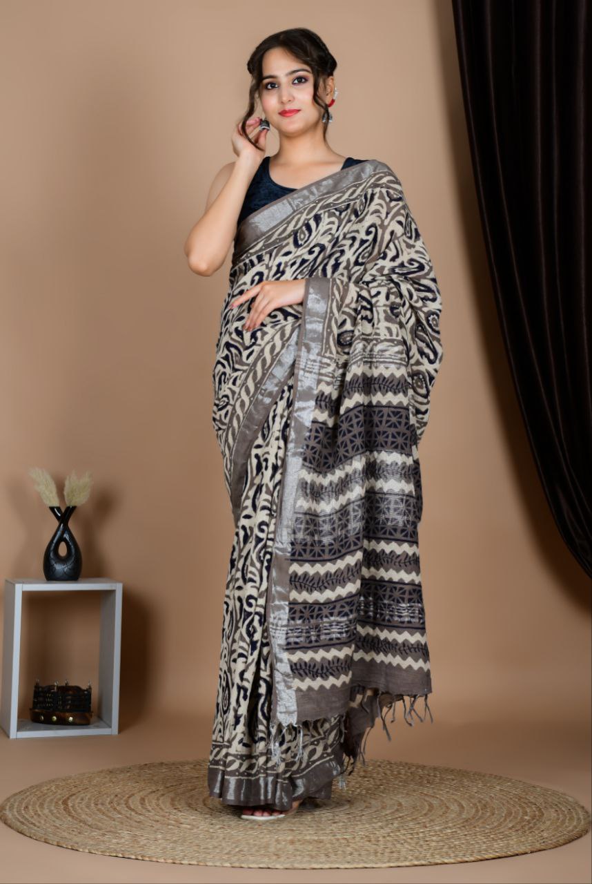 Saree – Soft Cotton Premium Linen Zari Black – L3