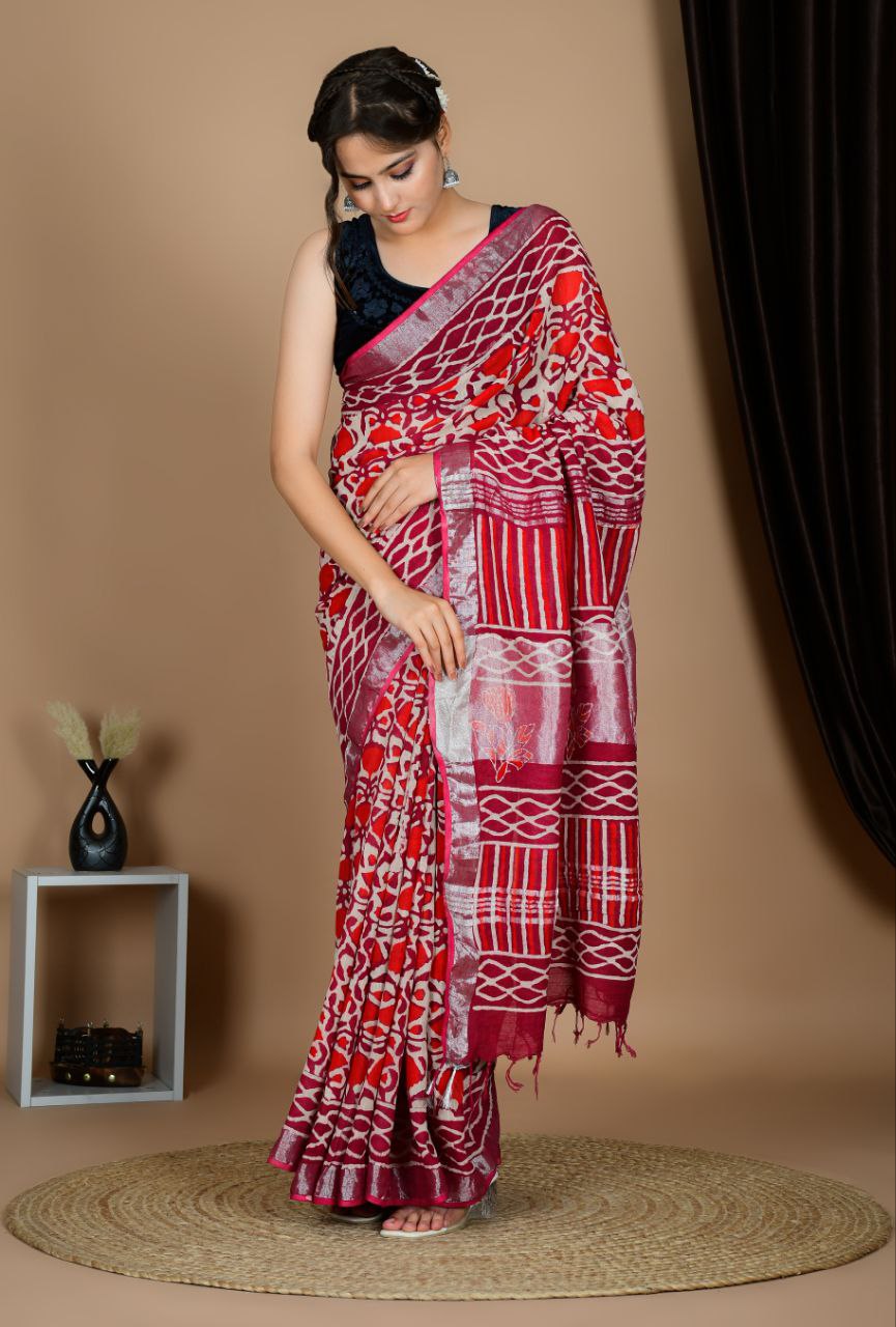 Saree – Soft Cotton Premium Linen Zari Red Maroon – L6