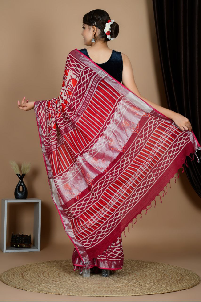 Saree – Soft Cotton Premium Linen Zari Red Maroon – L6