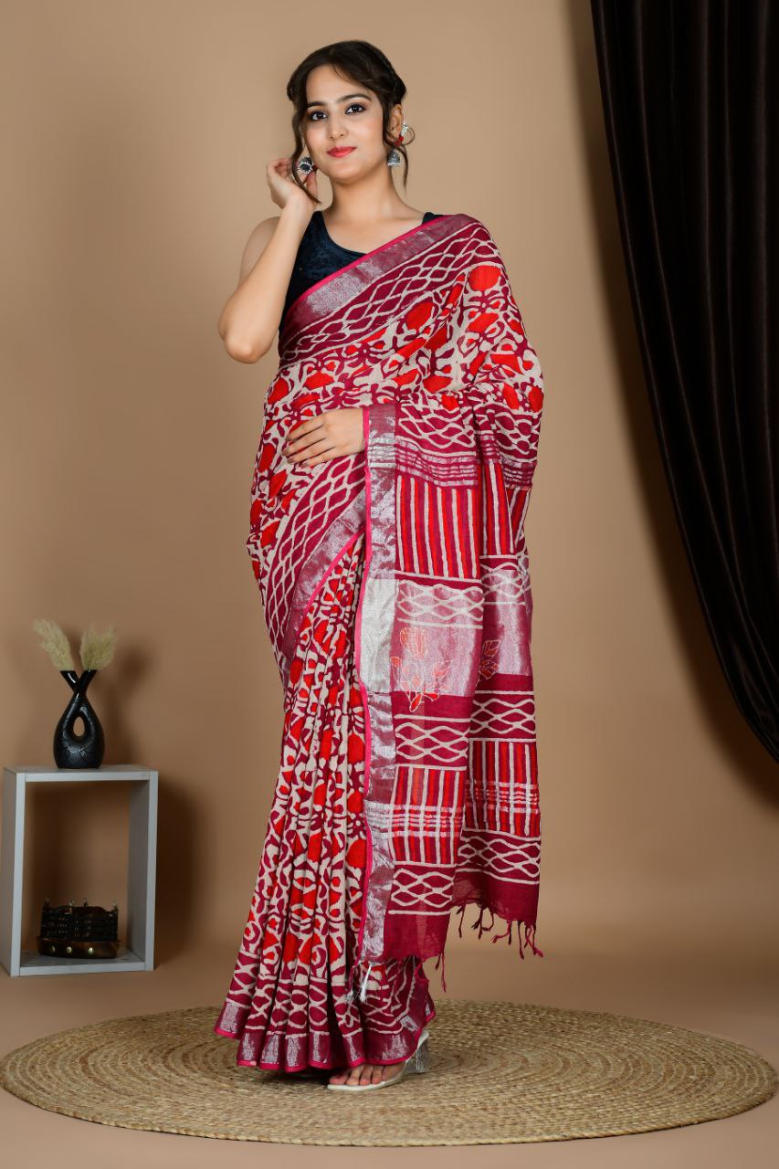 Saree – Soft Cotton Premium Linen Zari Red Maroon – L6