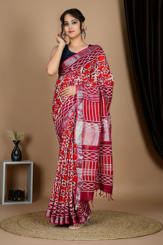 Saree – Soft Cotton Premium Linen Zari Red Maroon – L6