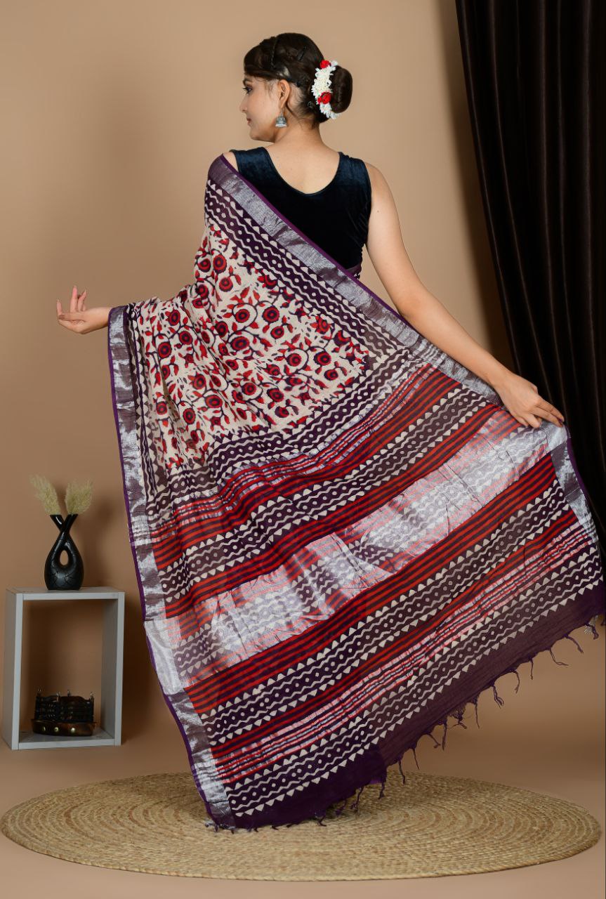 Saree – Soft Cotton Premium Linen Zari Wine – L7