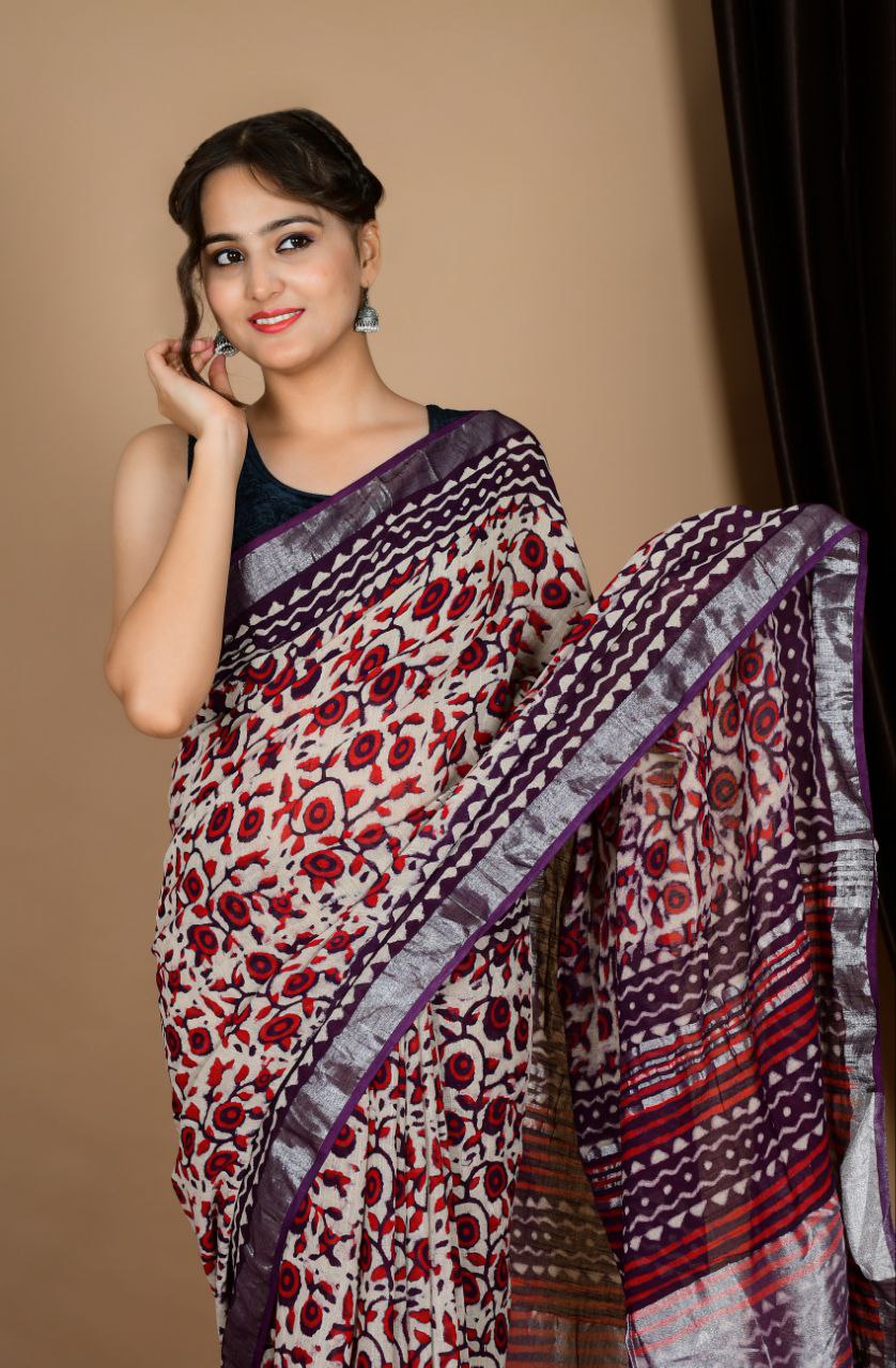 Saree – Soft Cotton Premium Linen Zari Wine – L7