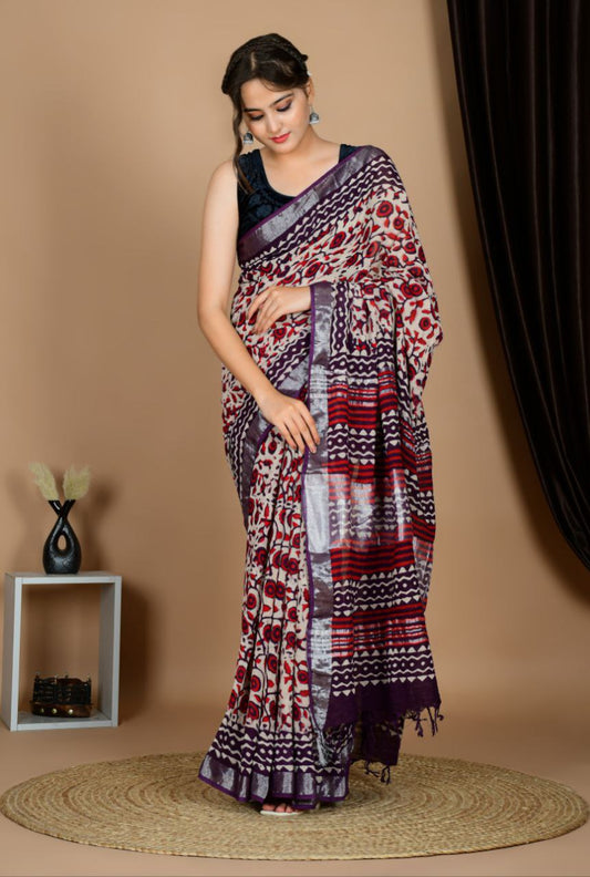 Saree – Soft Cotton Premium Linen Zari Wine – L7