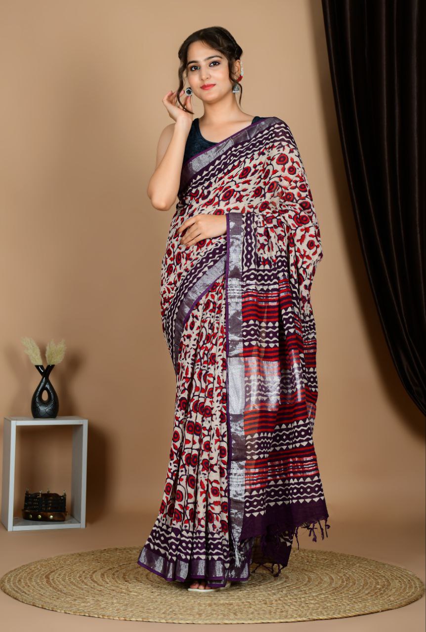 Saree – Soft Cotton Premium Linen Zari Wine – L7