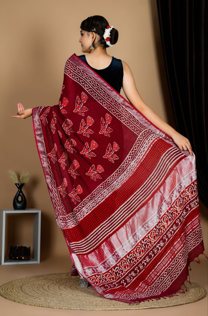 Saree – Soft Cotton Premium Linen Zari Red Print – L8
