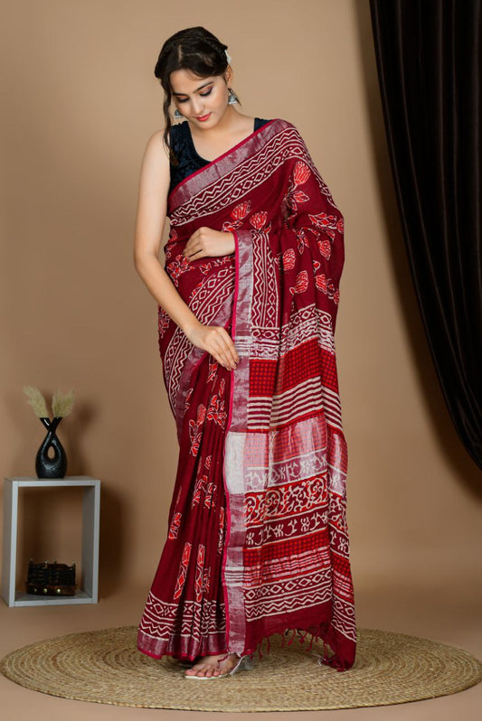 Saree – Soft Cotton Premium Linen Zari Red Print – L8