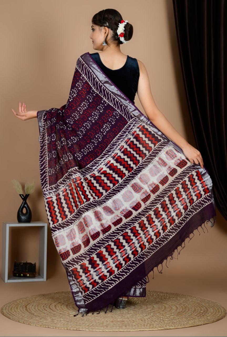 Saree – Soft Cotton Premium Linen Zari Dark Wine – L8