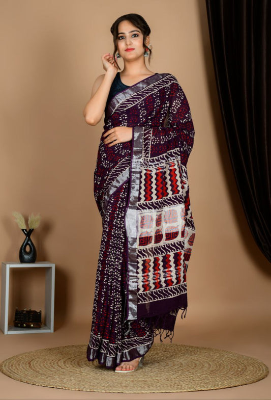 Saree – Soft Cotton Premium Linen Zari Dark Wine – L8