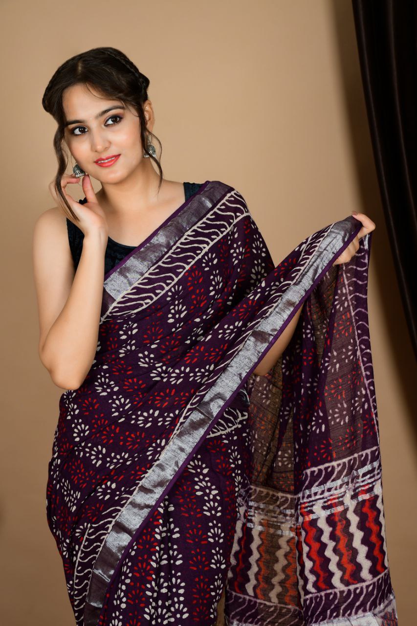 Saree – Soft Cotton Premium Linen Zari Dark Wine – L8