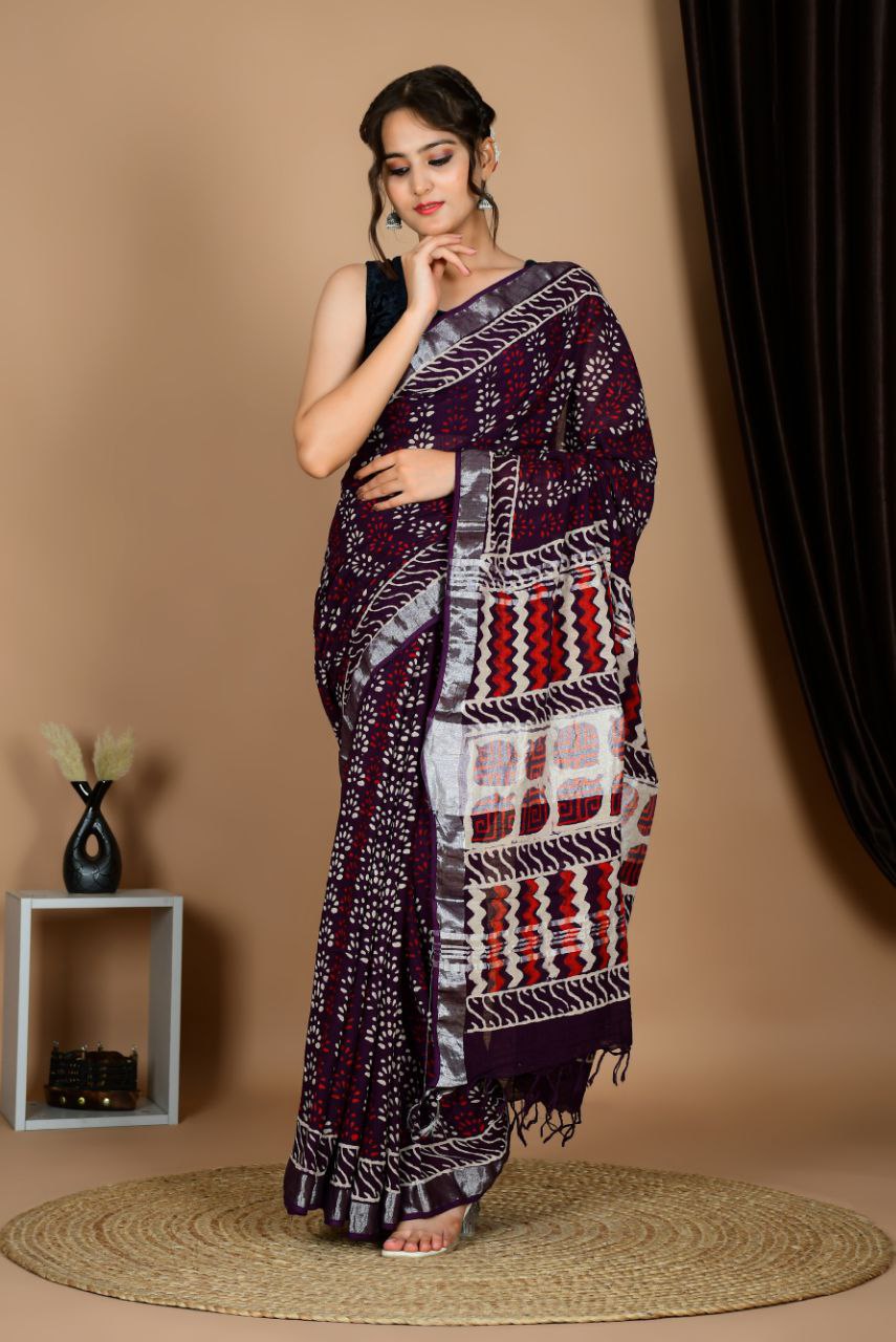 Saree – Soft Cotton Premium Linen Zari Dark Wine – L8