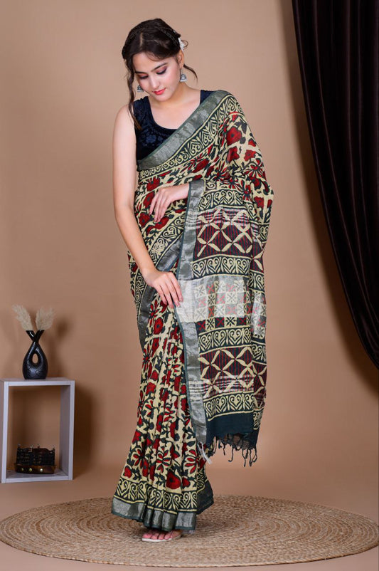 Saree – Soft Cotton Premium Linen Zari Chutney Green – L8