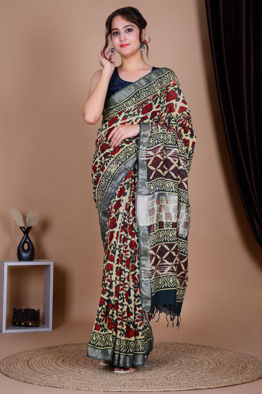 Saree – Soft Cotton Premium Linen Zari Chutney Green – L8